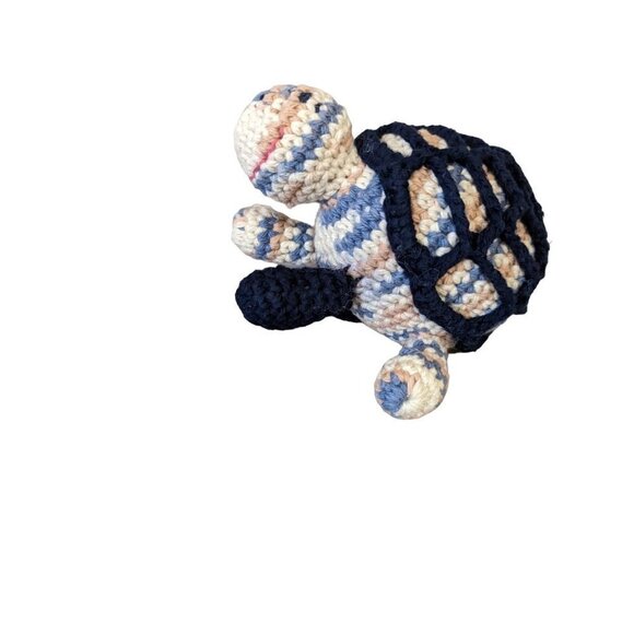 Hand Crocheted Yarn Blue tan  Turtle Plush Stuffed Animal Rattle  6in - Picture 4 of 8